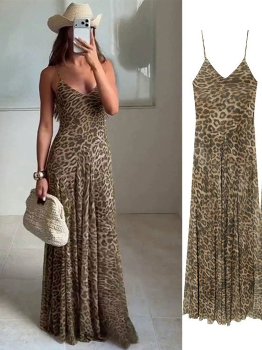 Leopard Print Cami Maxi Dress Summer Slim Fit Slimming Elegant Women